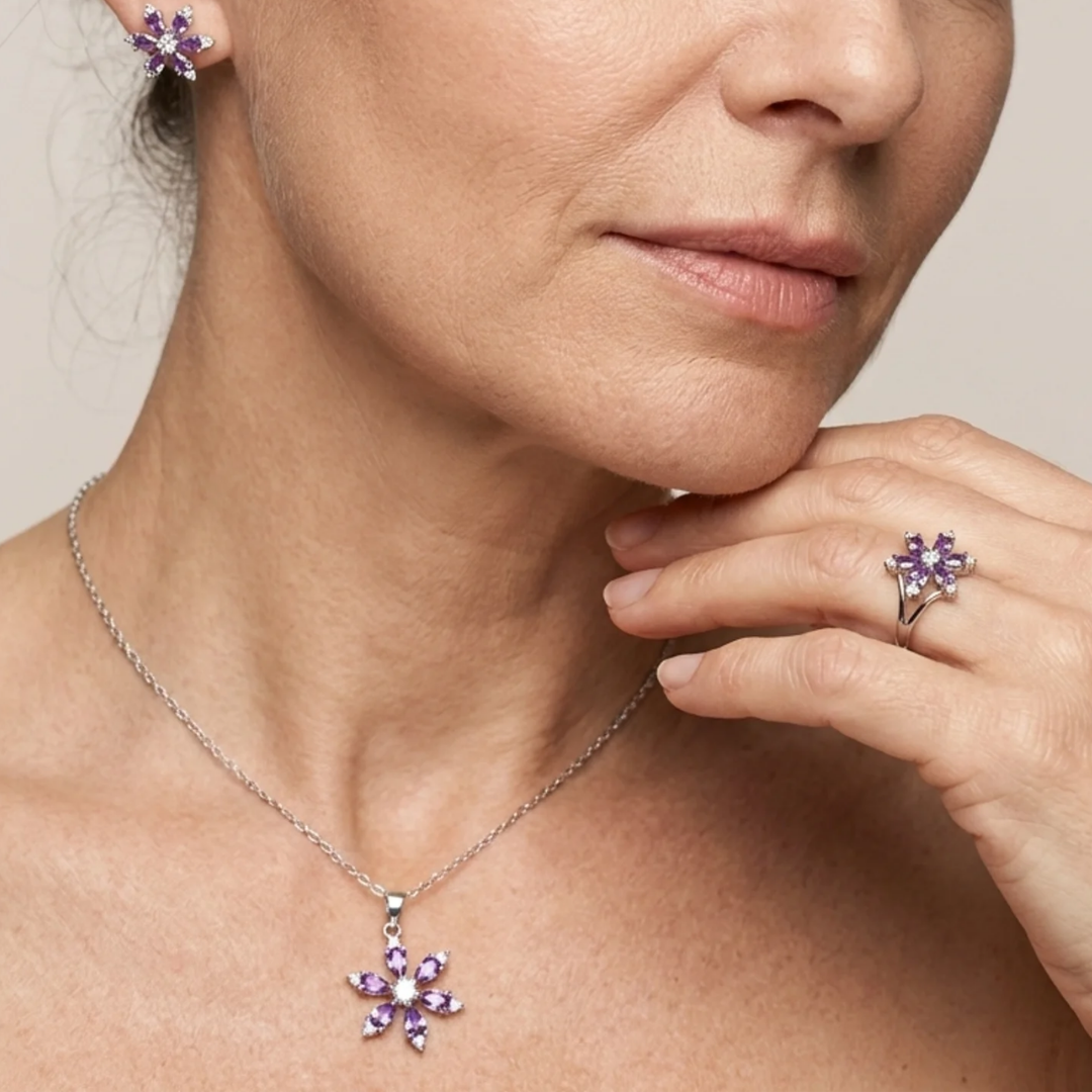 Ensemble de bijoux améthyste fleur | Or blanc